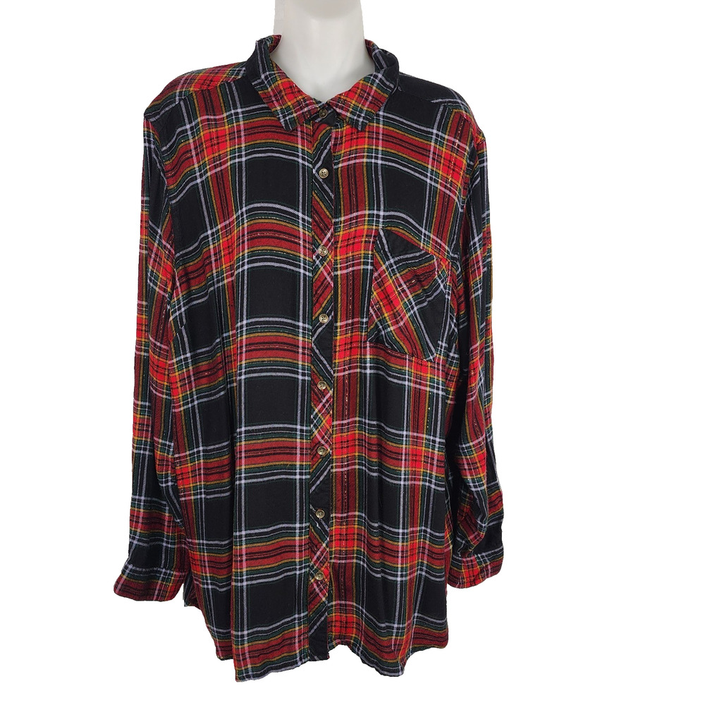 Maurices Womens Metallic Black Plaid Button Down Tunic Shirt 2X Relaxed Twill
